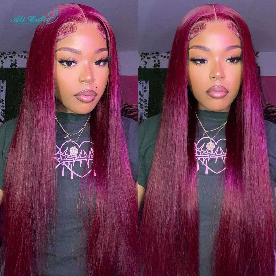 Ali Grace 99J Bury Front Pre-plucked Brazilian Straight Wig 4x4 Lace Closure Human Hair Wigs For Women