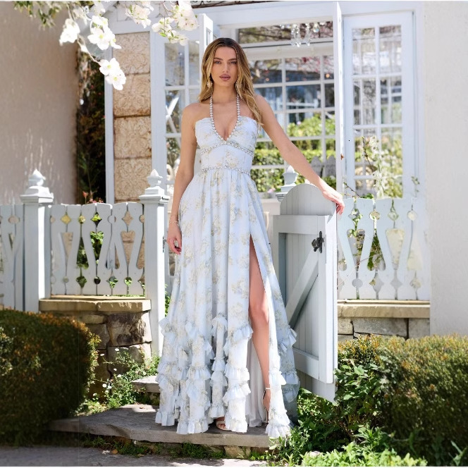 Women Dresses 2025 New Fashion Summer Elegant Temperament Dress With Print Slim Fit Big Swing Vacation Suspender Long Dress