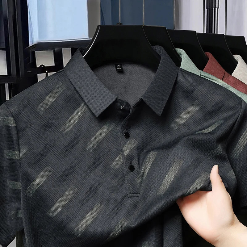 Summer Mens Casual Fashion High-end Lapel Ice Silk Polo Shirt Dad Outfit 250704