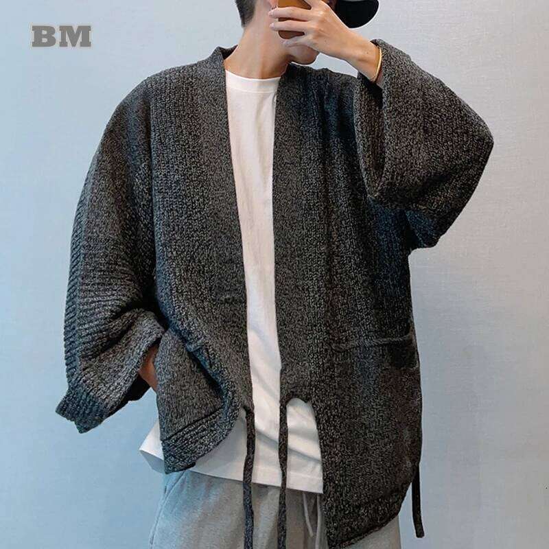 Japanese Streetwear Oversize Cardigan For Men Clothing Haruku Casual Drop Shoulder Knitted Sweater Hip Hop Loose Coat Male 250703
