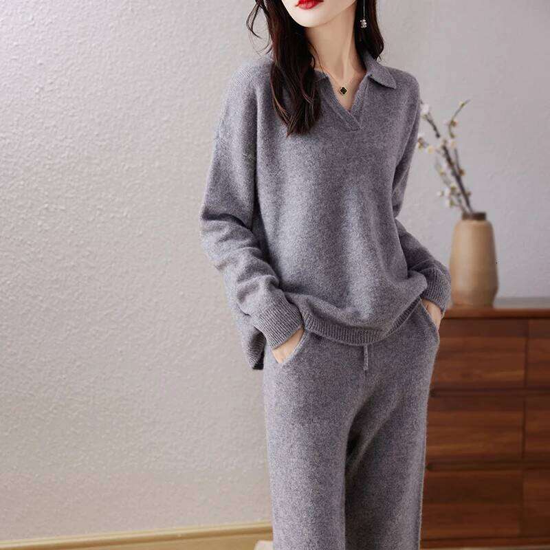 100% Pure Wool Knitted Suit Women's 24 Autumn Winter New Fashion POLO Collar Pullover Sweater Commuting Calf Pants Two-Piece Set 250704