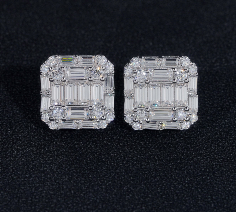 Hip Hop Style Baguette Moissanite Square Shape 925 Silver Mens VVS Diamond Stud Earrings