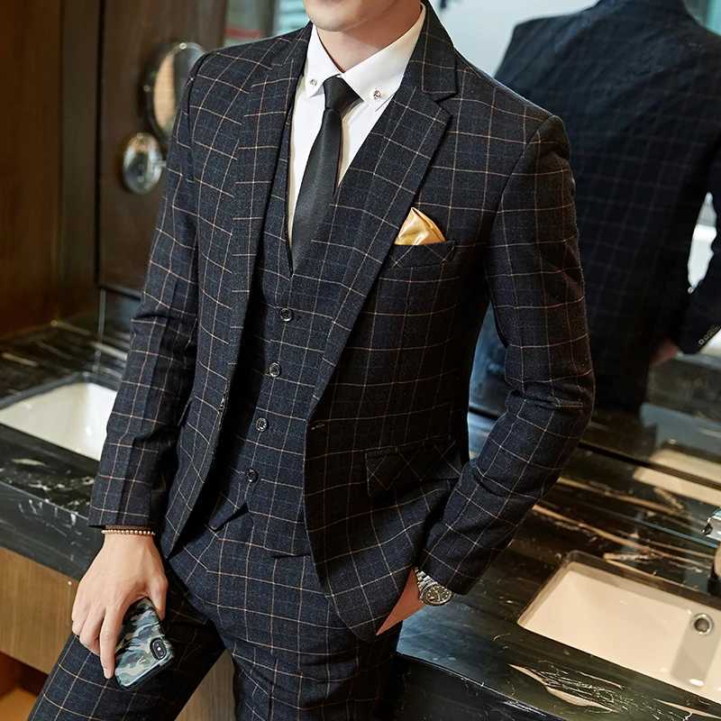 3-piece Slim Fit Plaid Suit for Men Wedding Suit Male Groom Blazers Pants Formal Business Work Wear Dress Suits Asian Size X250704