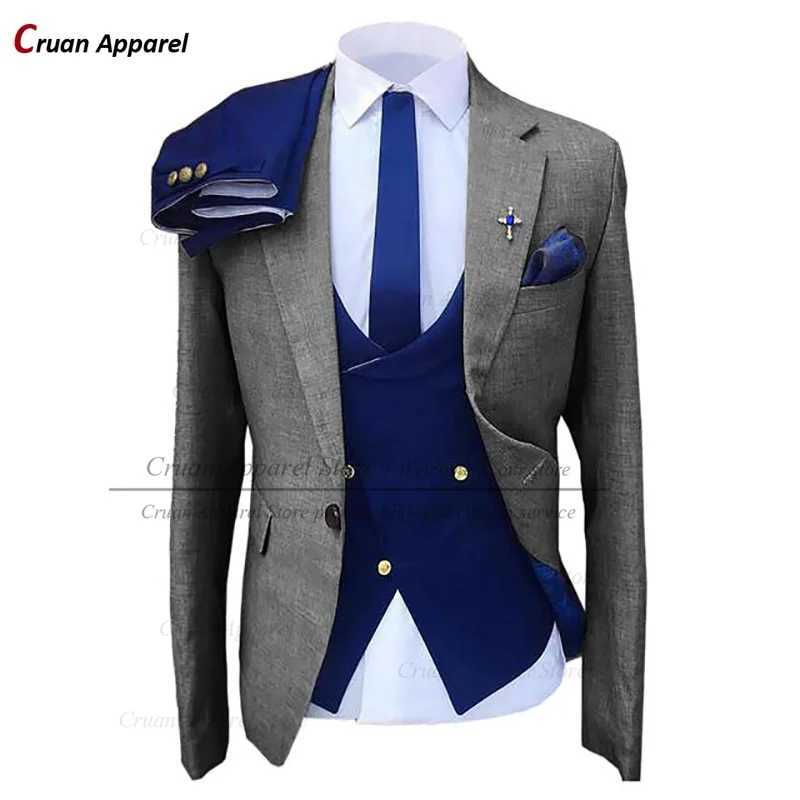 Formal Blazer Double Breasted Vest Pants 3 Pieces Tailored Business Gray Suits Men Slim Fit Prom Party Wedding Groom Suit Tuxedo X250704