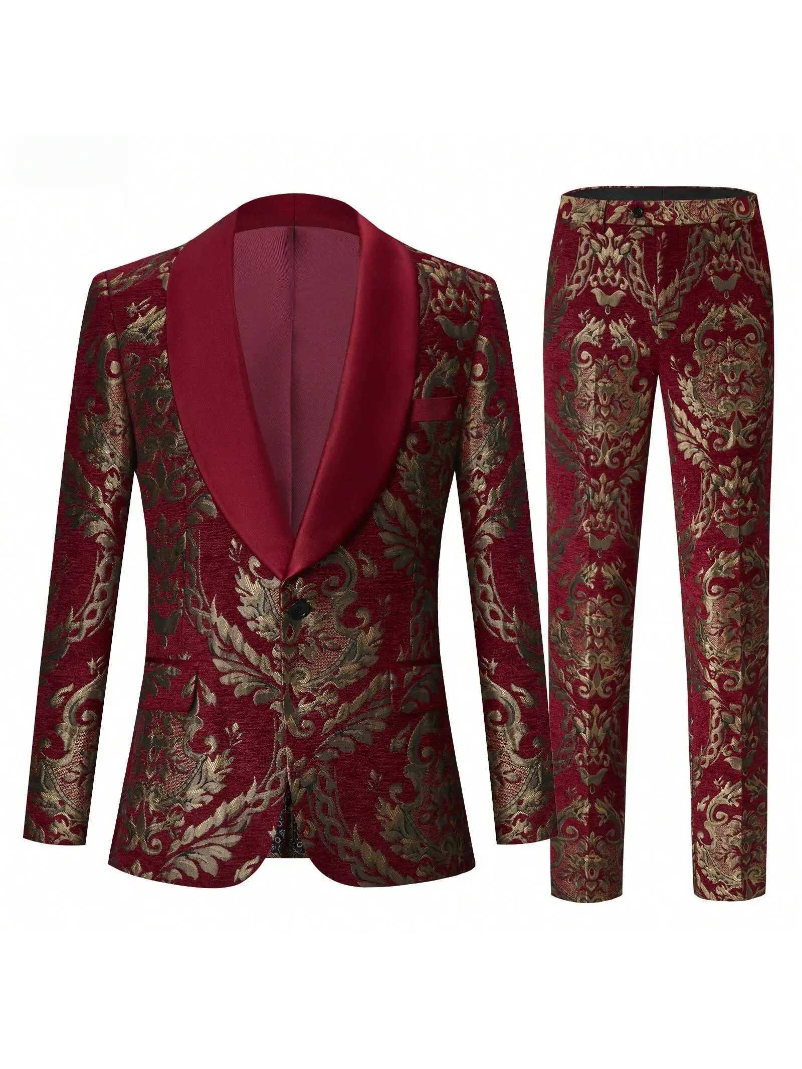 Mens Suit Jacquard Slim Fit 2-Piece Shawl Lapel Tuxedo Wedding Party Prom Suit Set X250704