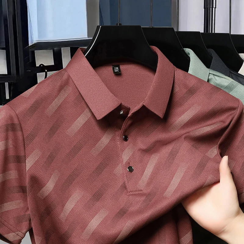 Summer Mens Casual Fashion High-end Lapel Ice Silk Polo Shirt Dad Outfit 250704