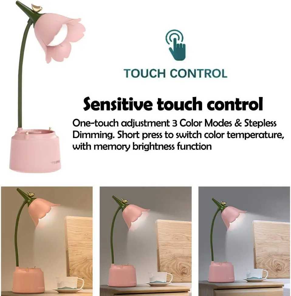 ute Desk Lamp Rechargeable LED Night Light Table Lamp for Bedroom Flowers Reading Light with Pen Holder with Color Modes Dimming XJ250703