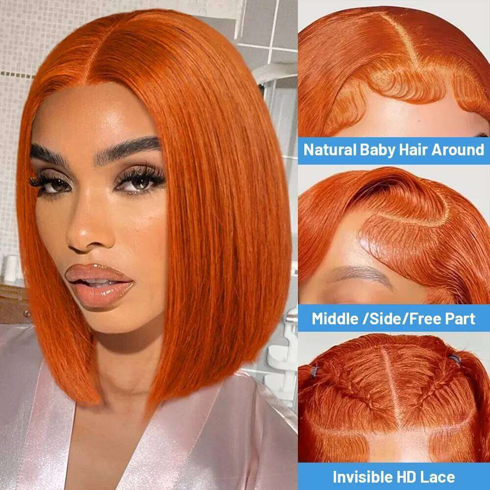 350 Ginger Orange Short Bob Straight Front Human 13x4 HD Lace Frontal Wig 200 Density Brazilian Hair Wigs