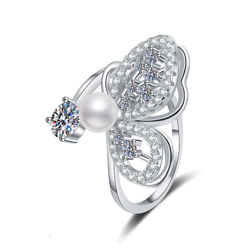 S925 Pure S925ilver MoiS925S925anite FreS925hwater Pearl Butterfly Ring AdjuS925table for Women 92f