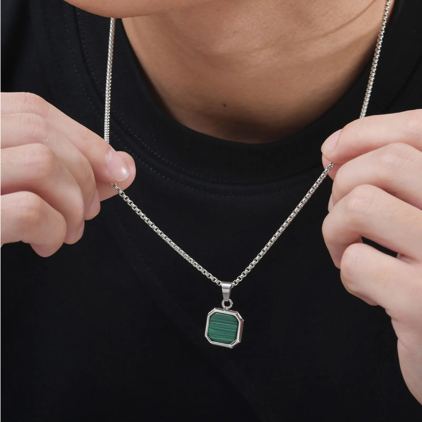 Trendy Pendant Necklaces for Men BoysSquare Natural Stone Stainless Steel Necklaces Hip Hop Cool Jewelry Gifts 250701