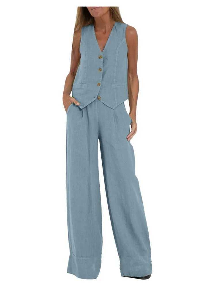 Womens Clothing 2024 Spring Summer New Fashionable Vest Pants Collage Splicing Pure Slveless Color Temperament Casual Suit X250704