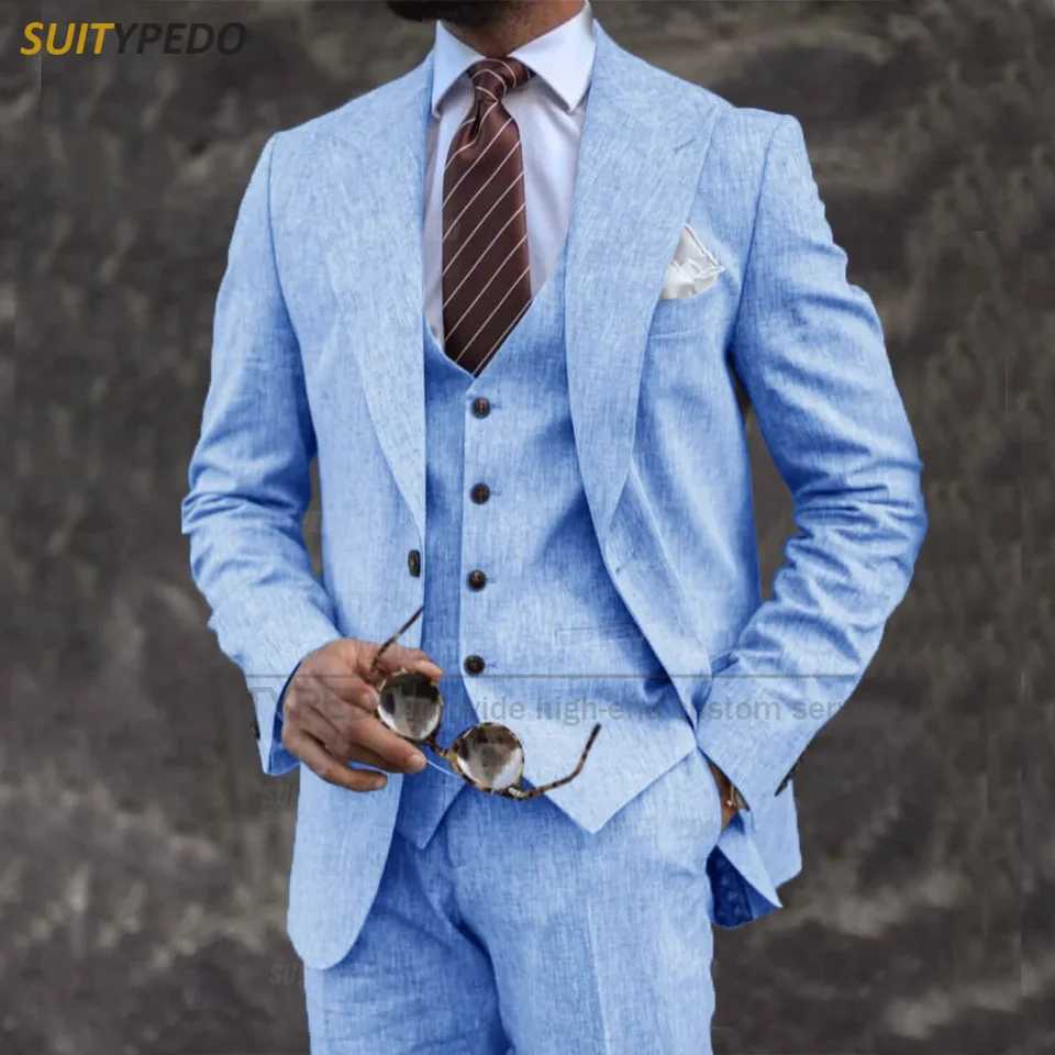 New Summer Linen Suit Set for Men Wedding Birthday Party Custom Men Slim Fit Blazer Vest and Pants 3 Pieces Customized X250704