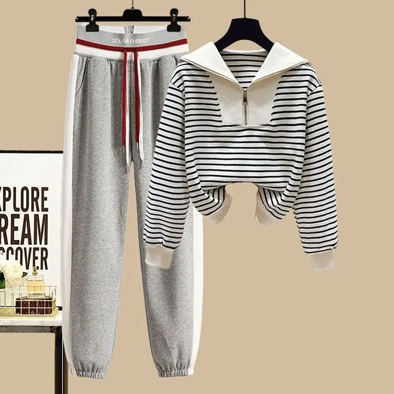 Sports Set SpringSummer Striped Navy Neck Zipper Top Womens High Waist Slim Casual Pants A Complete of Fashion 250704