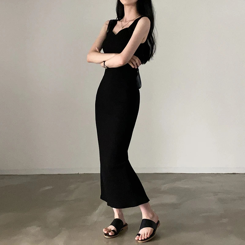100% Cotton Basic Knit Long Dress Korean Fashion Square Collar Sleeveless Womens Dresses Summer Casual Y2k Vintage Allmatch Outfits 250704