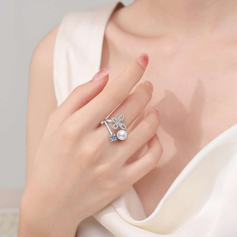 S925 Pure S925ilver MoiS925S925anite for Women Natural FreS925hwater Pearl Butterfly High-end Luxury AdjuS925table Ring 11e