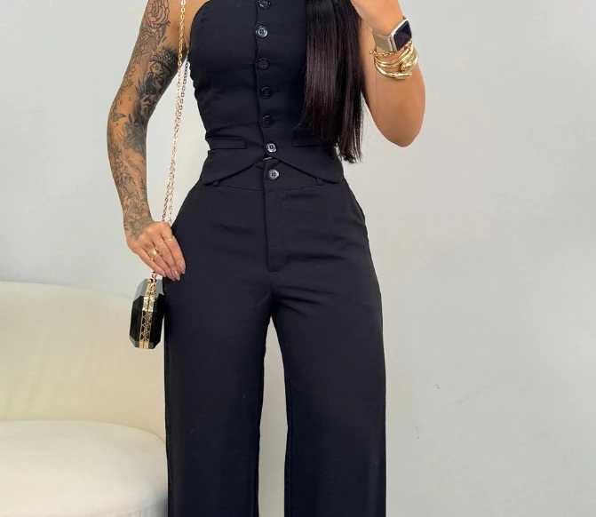 Women Fashion Sexy Summer 2 Pieces Outfit Bandeau Button Decor Vest Top Casual Wide Leg Pants Set X250704
