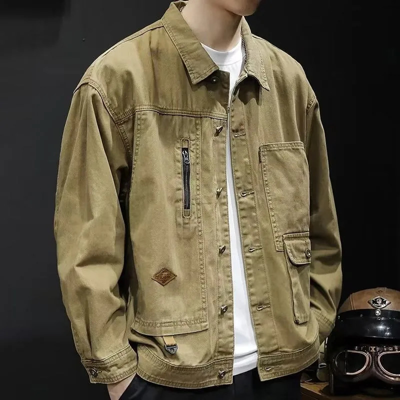 American Retro Zippered Denim Jacket Mens Spring Autumn Handsome Workwear Tops Fashion Loose Lapel Coat 250704