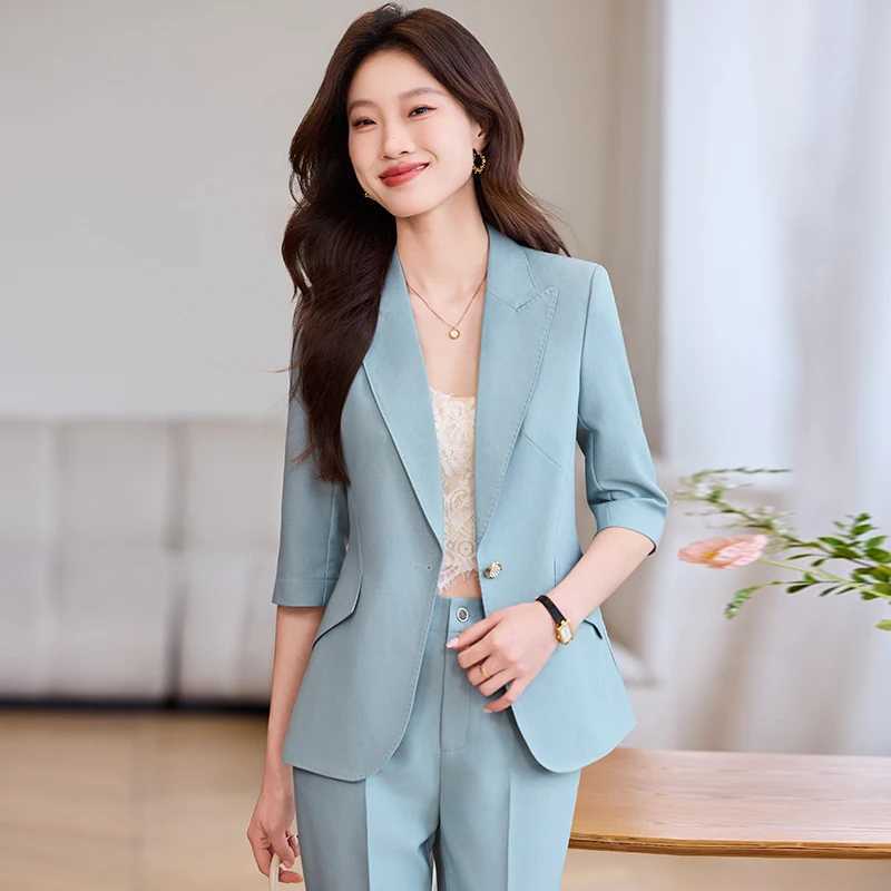 ZJYT Fashion Spring Ladies Pant Suit Women Office Thr Quarter Slve Blazer Trousers Set Two Piece Outfit Work Suits Plus Size X250704
