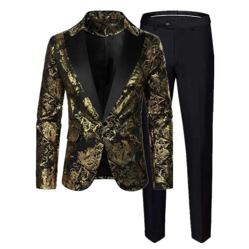 Fashion Mens Luxury Hot Stamping Suit 2 Piece Fashion Male Wedding Prom Party Bar KTV Stage Performance Flower Blazer and Pants X250704