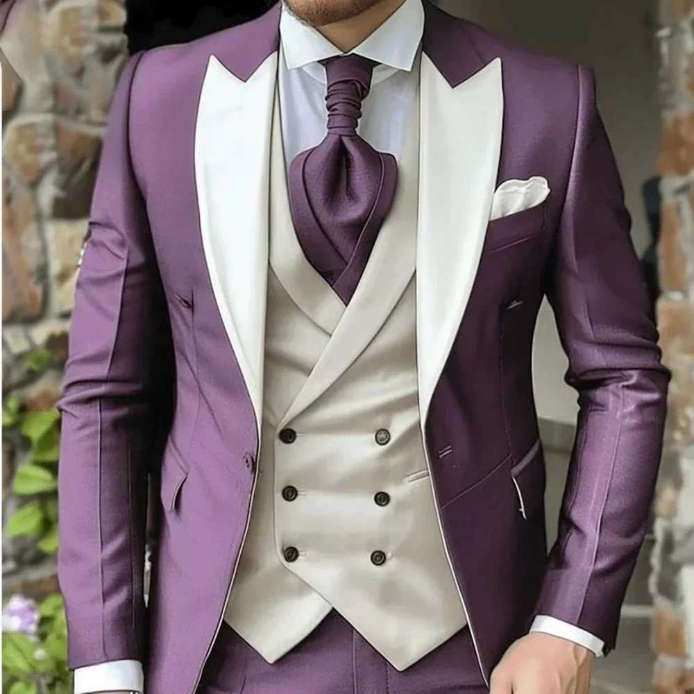 3-Piece Elegant Wedding Jacket Pants Vest Full Set Luxury Single Breasted Peak Lapel Purple Mens Clothing Mens Suits Blazer X250704