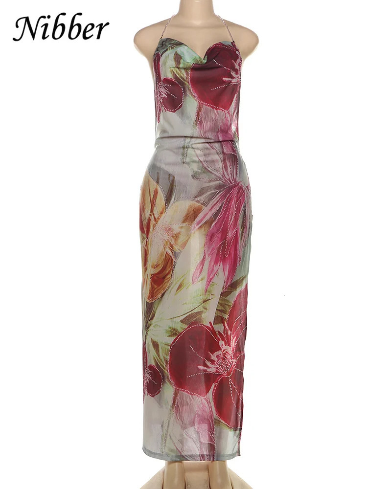 Nibber Bead Chain Halter Dress Y2K Floral Print Elegant Sexy Swing Collar Backless Birthday Midnight Party Split Maxi Bodycon 250704