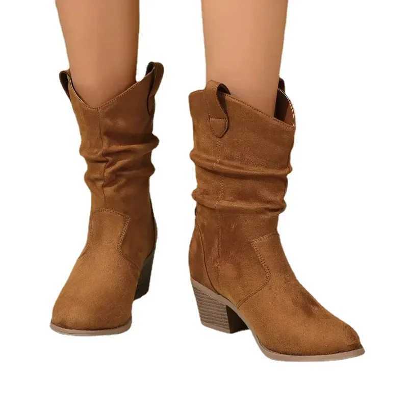 Women Pleated High Heeled Ankle Boots 2024 Autumn New Pointed Toe Brown Cowboy Boots Woman Pu Leather Botas Shoes Plus Size 42 Z250704
