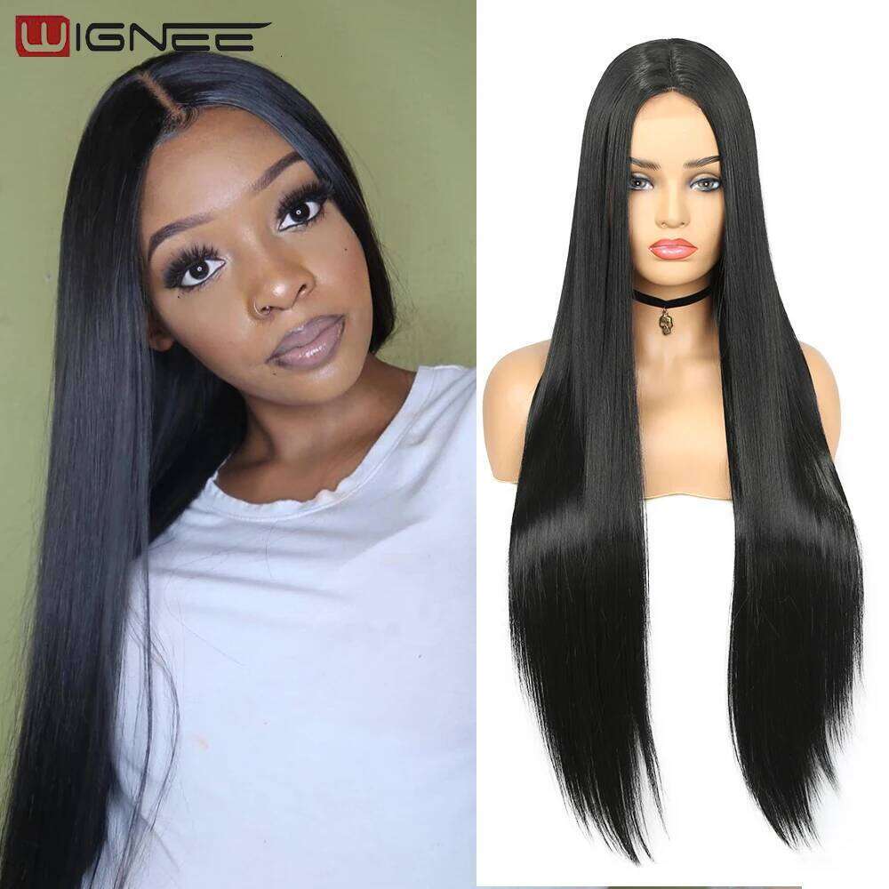 Wignee Long Straight 30 Inch Wig Middle Part Lace With High Lights Synthetic Hair Wigs For Black Women Cosplay