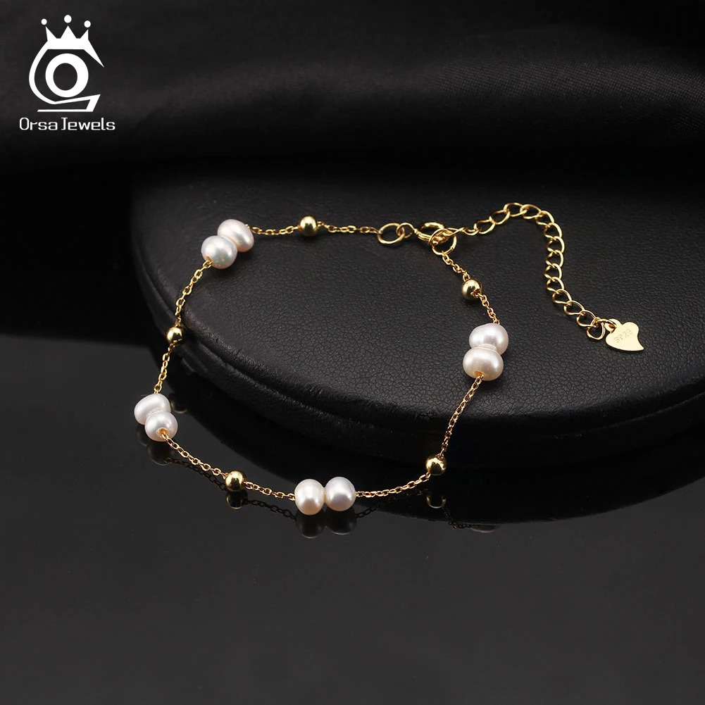 ORSA JEWELS 925 Sterling Silver Pearls Chain Bracelet Vinatge 14K Gold Pearl Beads Bracelet on Hand Female Party Jewelry GPB40 250628