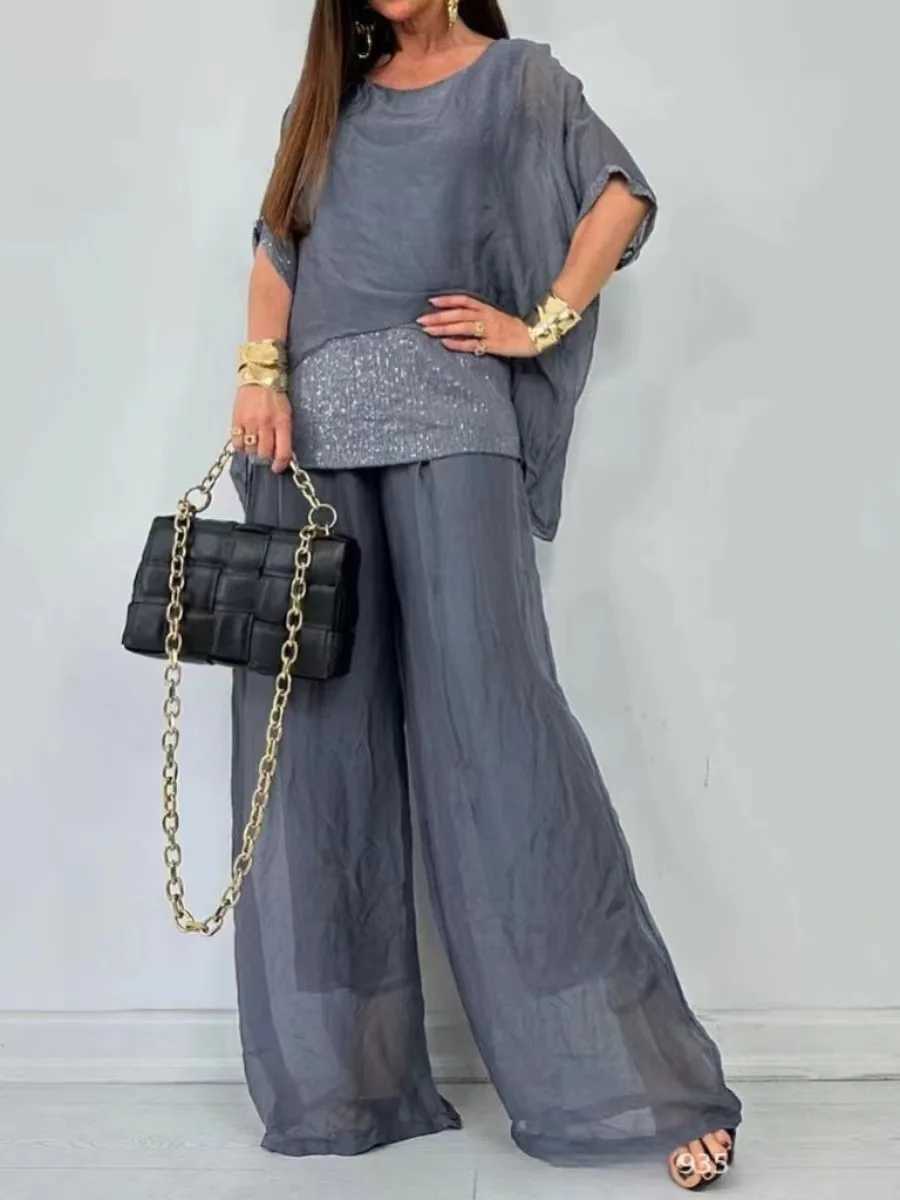 Fashion Solid Chiffon Suit For Women Casual Round Neck Bat Slves Sequin Top Wide Leg Pants Two Piece Set 2024 Summer New X250704