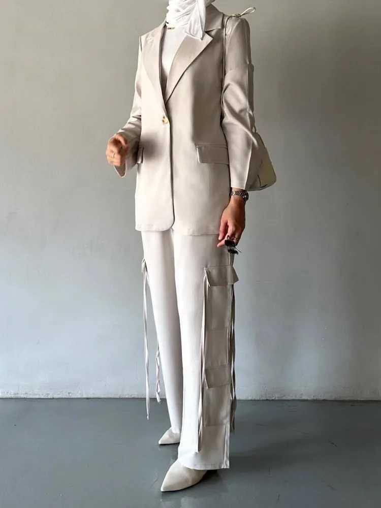 KWTX 2025 Spring Summer Womens Suit Set Multi Pocket Ribbon Blazer Pants Two Piece Office Chic Outfit Casual Elegant X250704