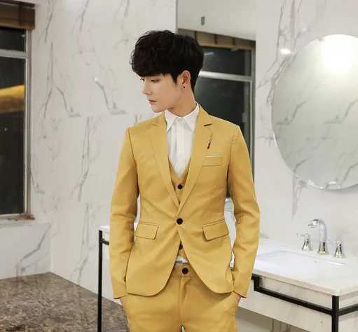 Three Piece Sets Men Turn Down Collar Cardigan Full Sleeve Solid Wedding Gown Blazer Suits Button Pants Smart Casual 2025 X250704