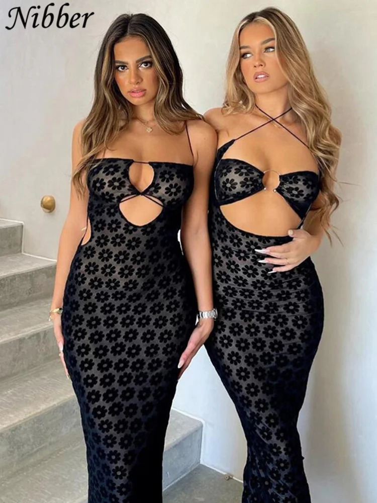 Nibber Solid Color Hanging Neck Maxi Dress Sexy Hollow Women Perspective Bag Hips Robe Female Street Trendy Dresses Clothing 250704