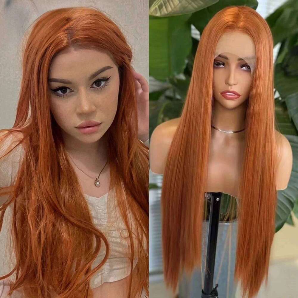 Ginger Long Straight Synthetic Front Glueless Wigs for Women Cosplay Party Dark Orange Hair Lace Frontal Wig Auburn