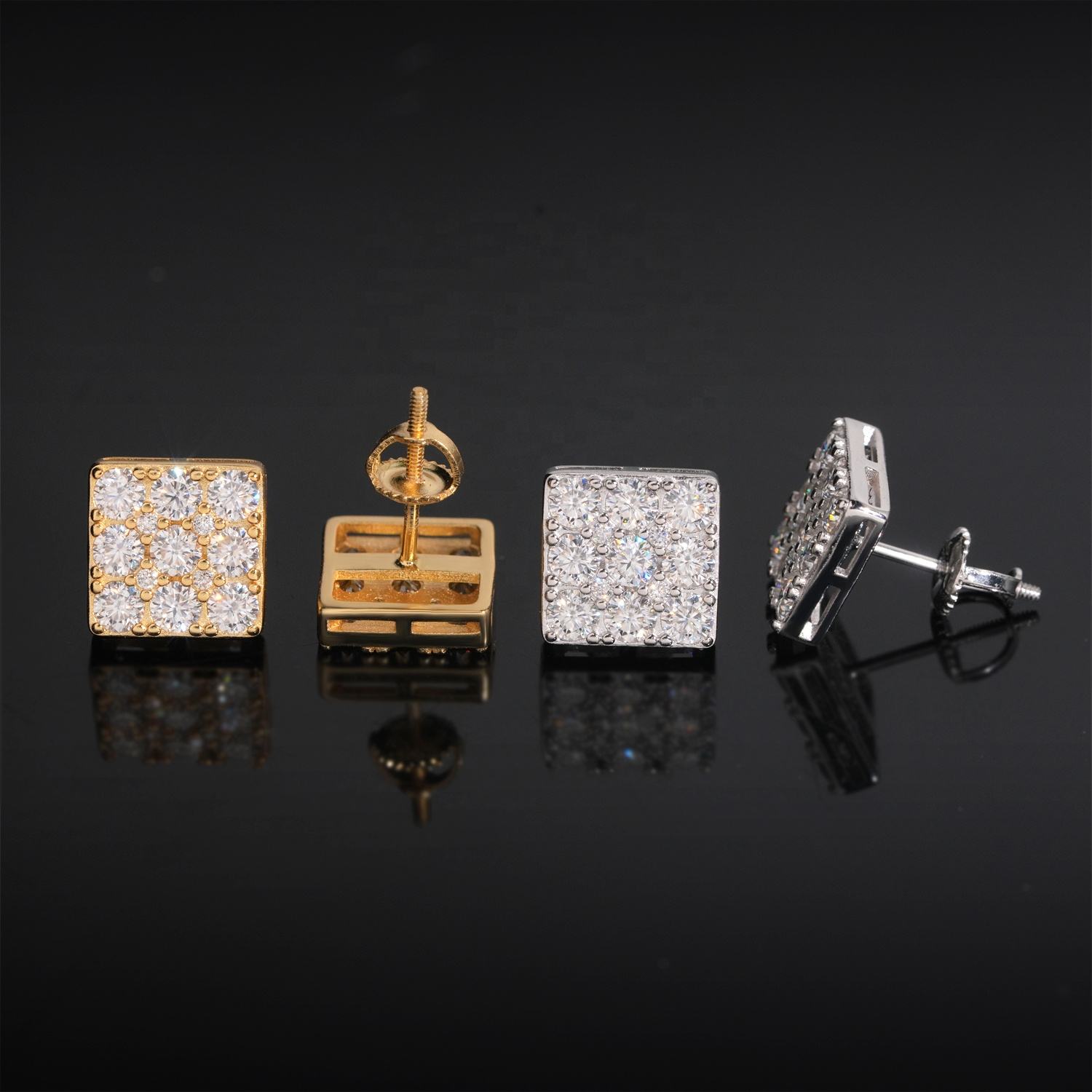 New Design Hip Hop GRA Certificate 925 Sterling Silver Square VVS Moissanite Diamond Stud Earrings