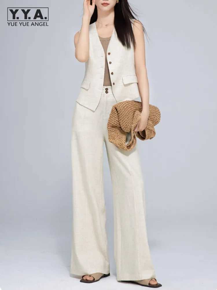 Summer Office Women Single Breasted Slveless Vest High Waist Wide Leg Pants Two Piece Set Casual Harajuku Matching Set Outfit X250704