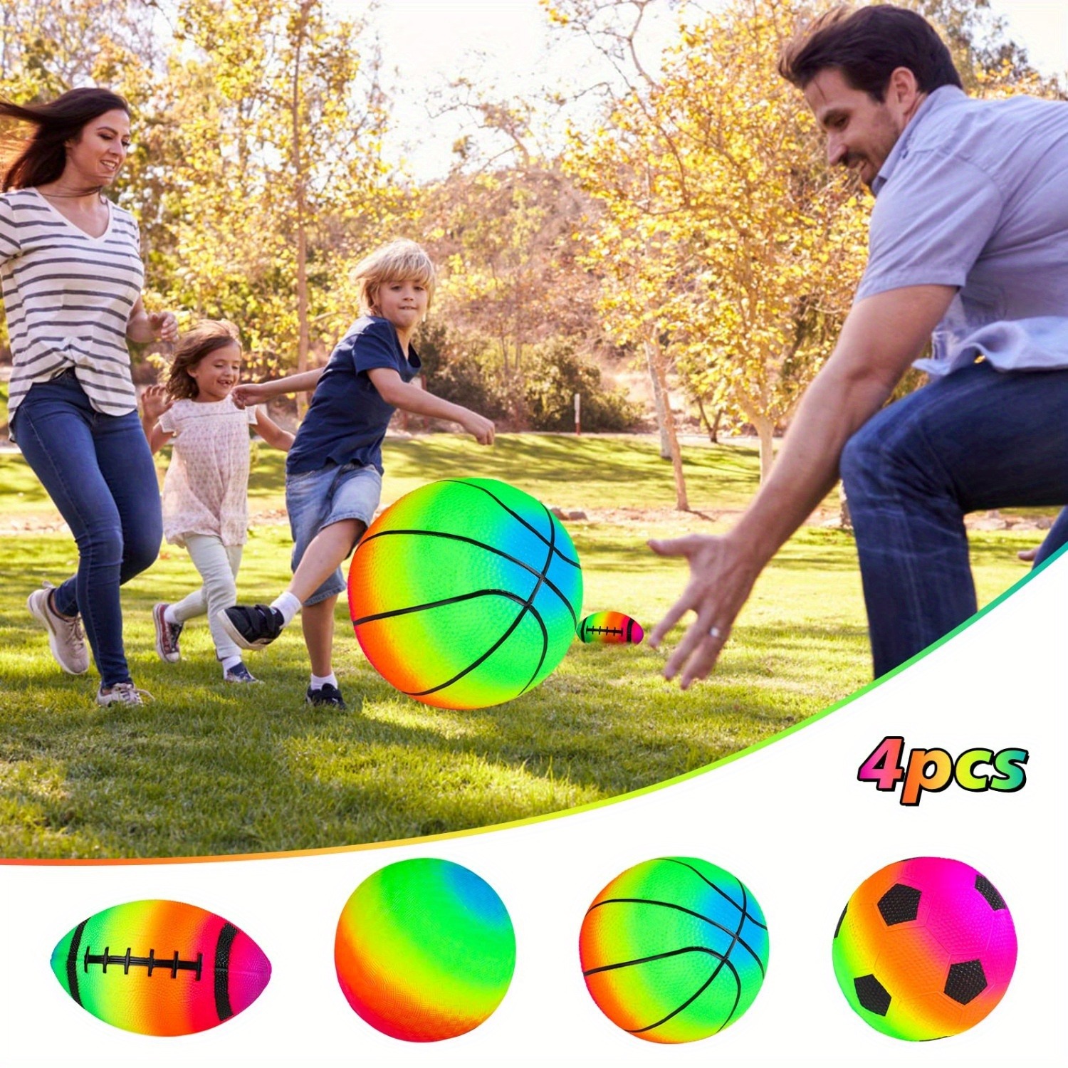4 PCS Rainbow Sports Balls Set with Pump - 6" Football, Basketball, Soccer & Playground Balls, Summer Toy for Indoor/Outdoor Games - Perfect for 
