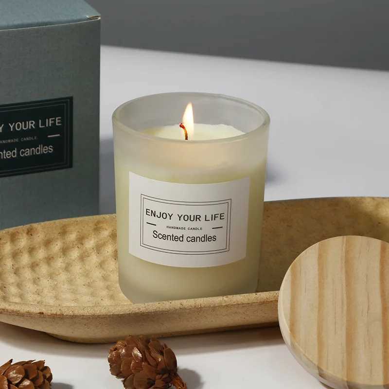 7x 8.4cm Wooden Lid Frosted Glass Jar Candle Soy Wax Aromatherapy Candle Wedding Smokeless Bamboo Lemon Rose Fragrance Gift W250704