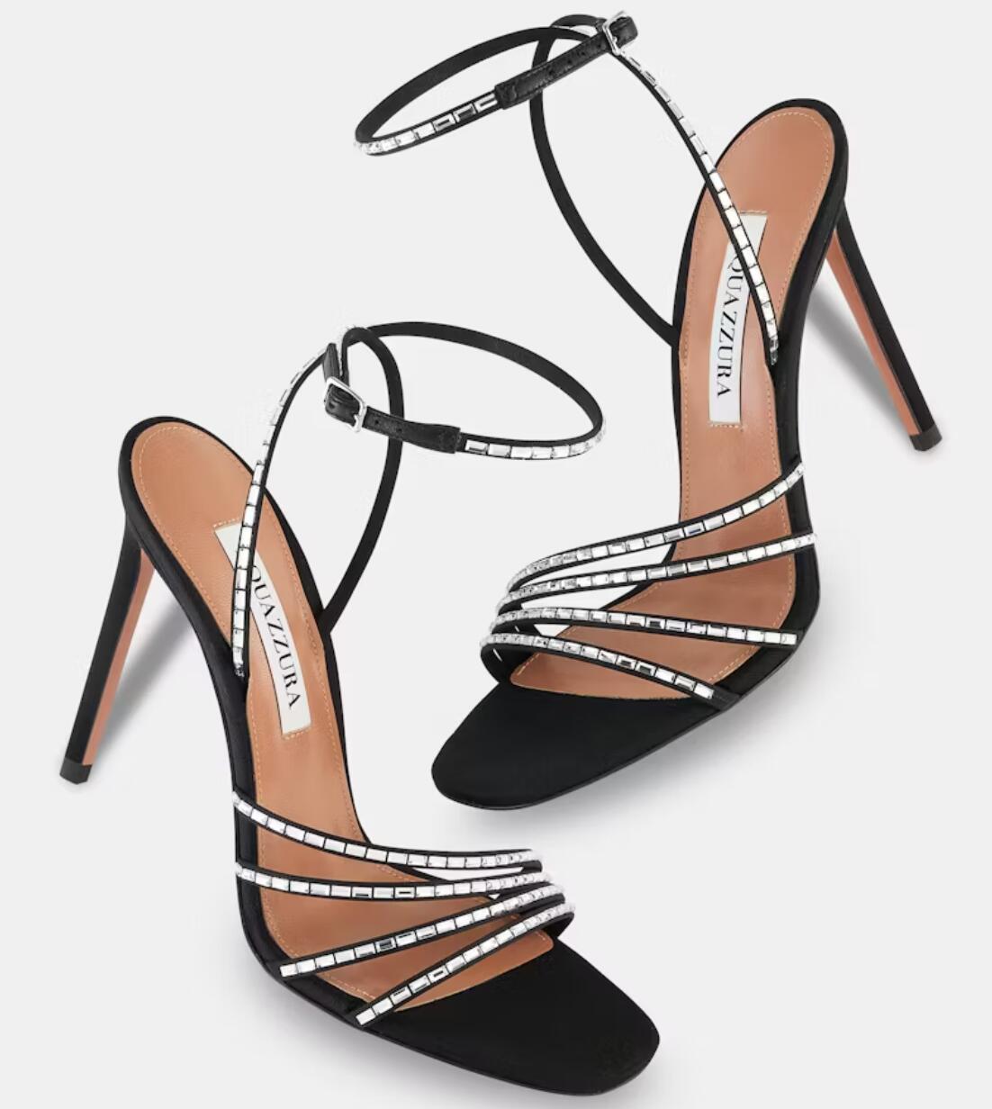 Summer Luxury Women Mistica Sandal Shoes Strappy Crystal Stiletto Heels Black Suede Leather Lady Party Dress Wedding Elegant Walking