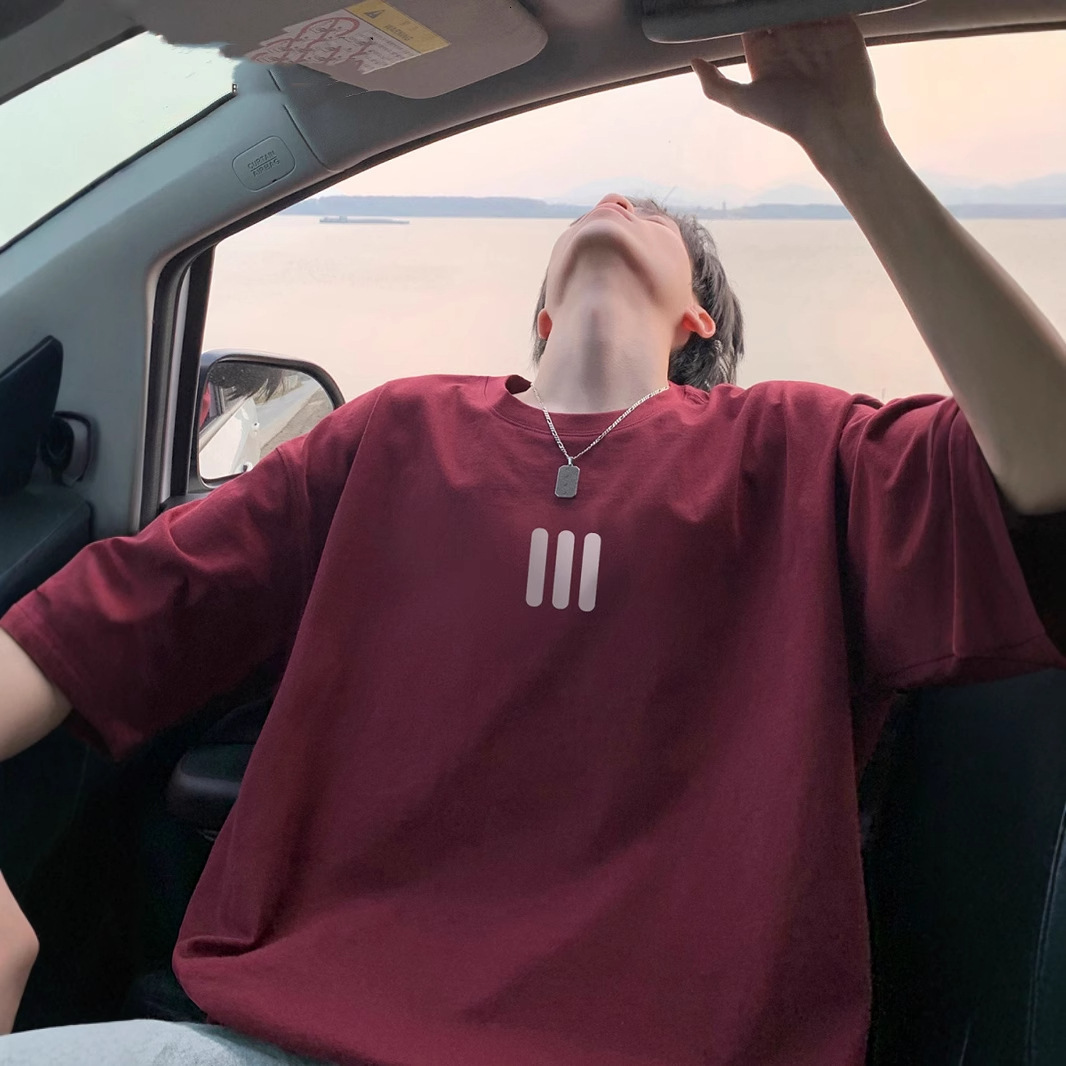 American Style Heavyweight Crew Neck Short Sleeve T-shirt For Men 2025 Summer Designer Short Sleeves Thin Trendy Brand Cool Loose Five-quarter Sleeve 