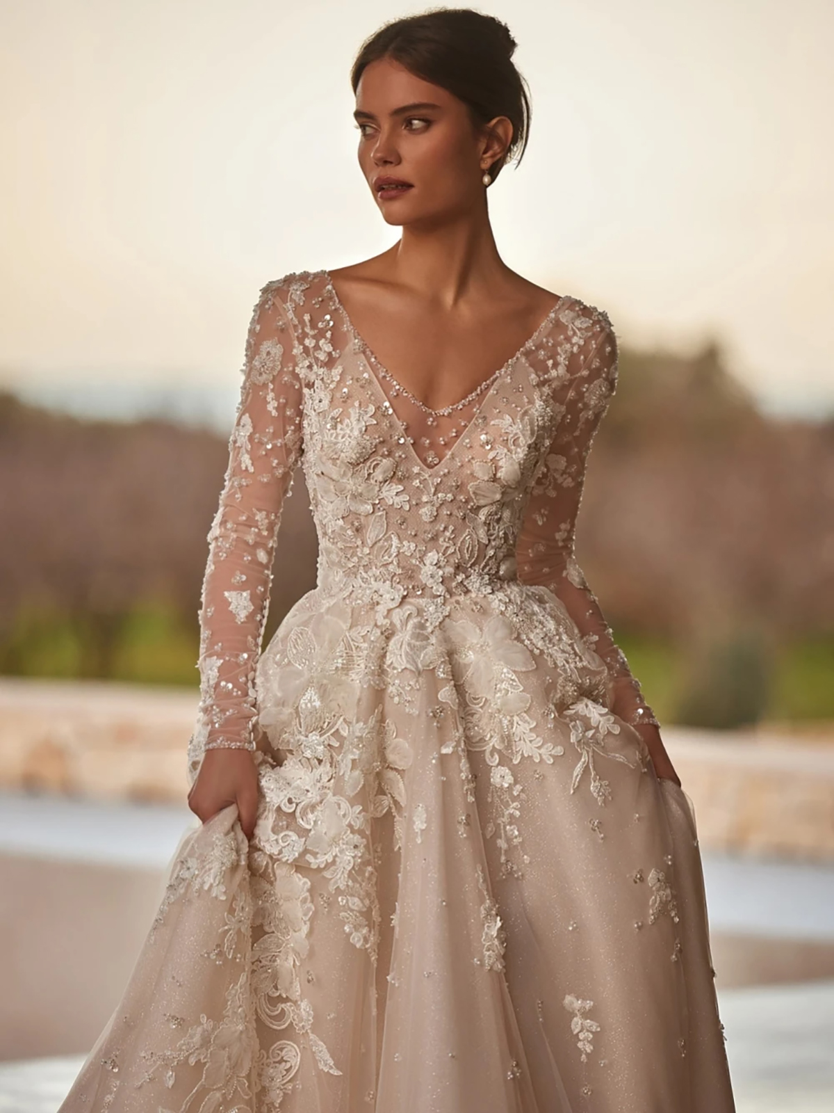Beaded Flower Appliques Wedding Dresses A Line Deep V Neck Bridal Gowns Long Sleeves Princess Style Custom Made Special Occasion Dresses