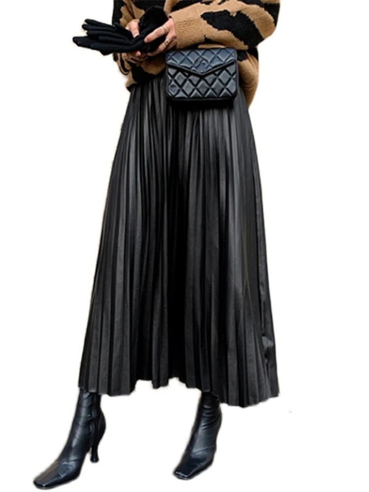 Black PU-leather Pleated Skirt Women High Waist Fashionable All-match A-Line mi-long Skirt Female 250703