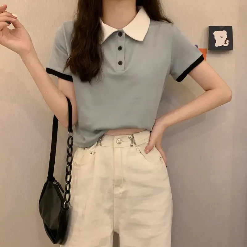 Slim Polo Neck T Shirt for Women Summer Outfit Woman Tshirt Womens Short Sleeve T-shirt Korean Clothing Polyester Trend 2025 In 250625