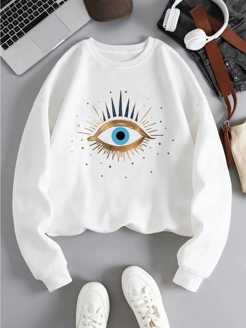 Casual Womens Sweatshirt Vintage Devils Eye Prints Pullover Soft Breathable Loose Crewneck Hoodie Autumn Winter Female Clothing 250704