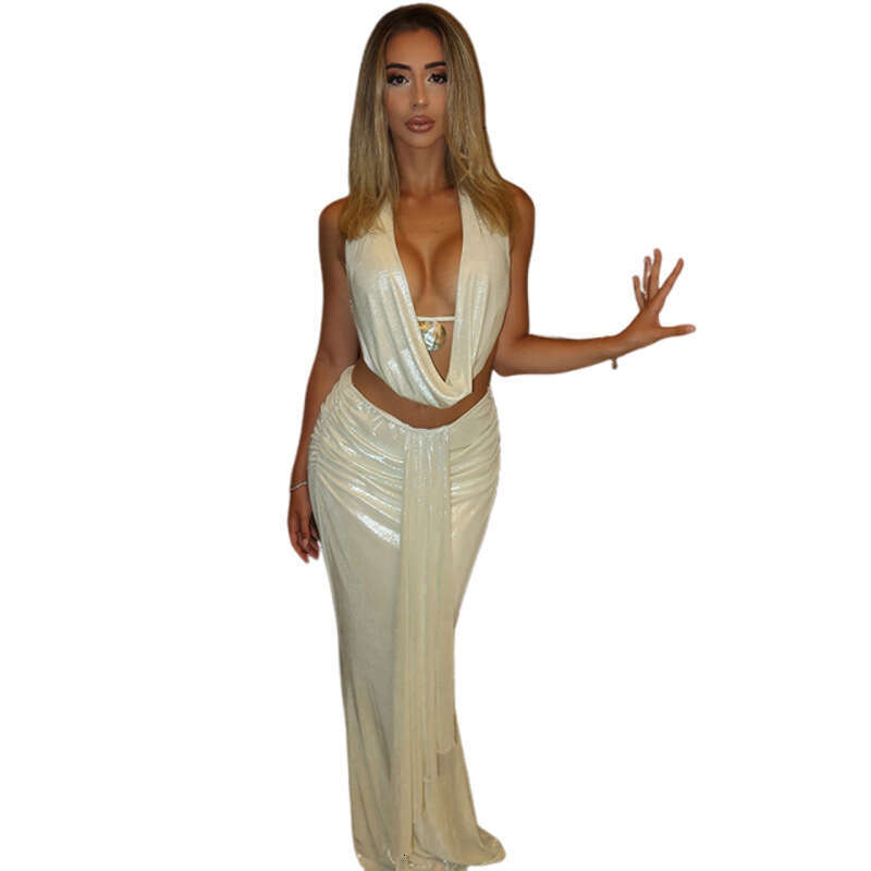 European and American Style Spring Summer Women's Sexy Backless Halter Top Slim Fit Bodycon Skirt Set 2025 New Casual Versatile Fashion Clothing