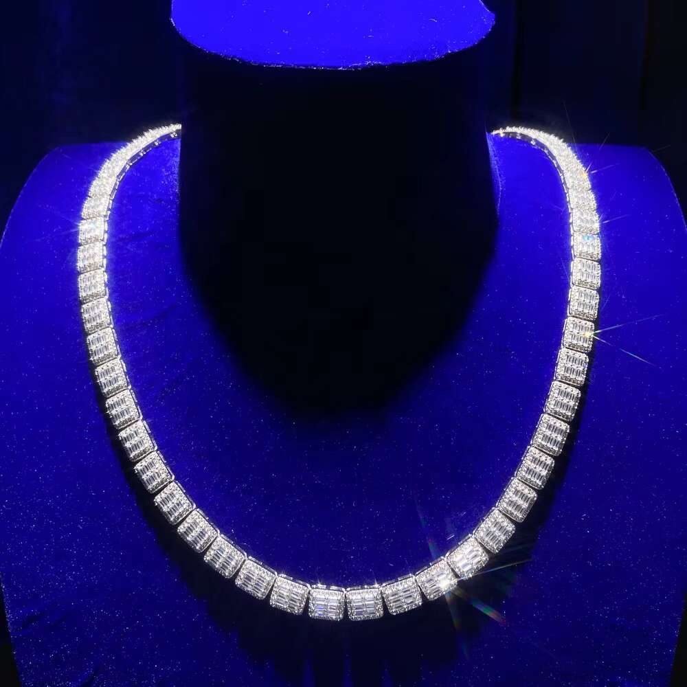 Hip Hop Jewelry VVS Moissanite Tennis Chain 925 Sterling Silver Emerald Baguette Square Necklace for Men