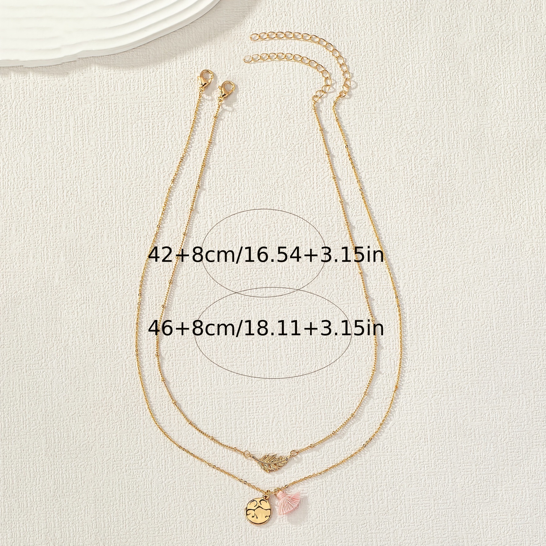 1 Set Of 2 Gold Yellow Metal Chains With Water Drop Pattern, Hollow Leaf Pink Tassel Pendant Necklace, Sweet Style