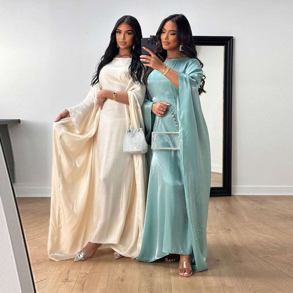New 2025 Summer Middle Eastern Modest Muslim Fashion Shiny Satin Waist-Cinching Abaya Dress