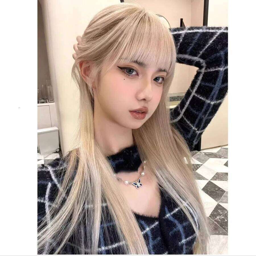 Blonde Synthetic Wig Women Show White Natural Age Reduction Bangs Soft All-Match Style Long Straight Hair Full Head Cover