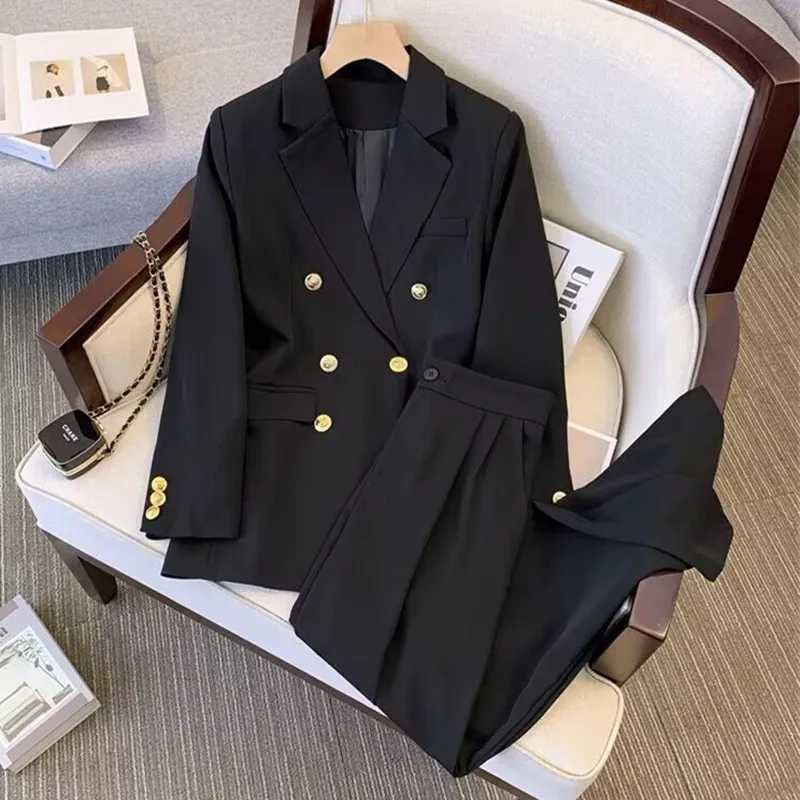 Suit Khaki Office Double-breasted Womens New Long-slved Suit Jacket High-waisted Straight Pants Suit X250704