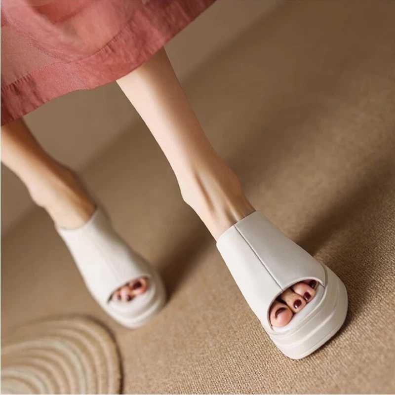 Womens Slippers Summer New High Heels Thick Bottom Round Head Open Toe Simple Sandals Casual Comfort Increase Root Slippers W250704